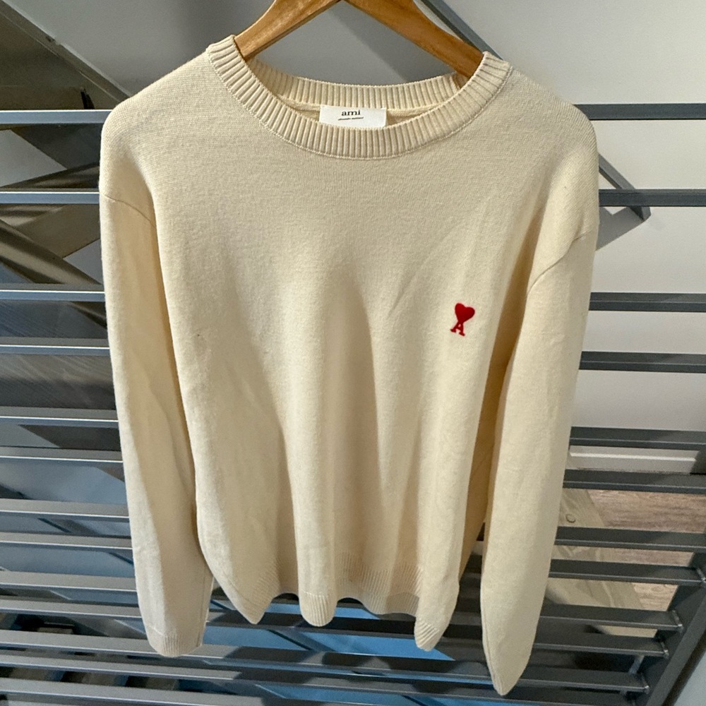 Ami Paris Cream Crewneck Sweater with Red Detail